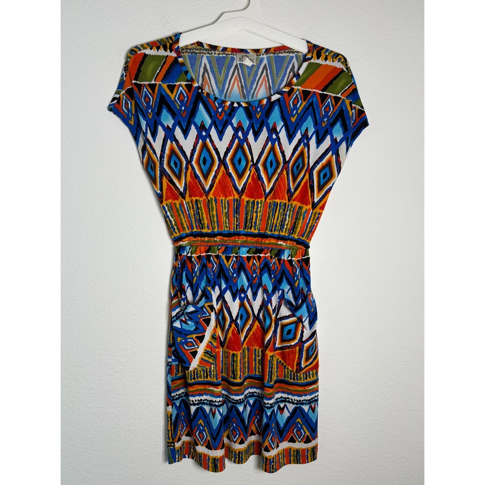 Sweet Storm Geometric Tribal Print Mini Dress Blue Orange Small Pocketed Elastic